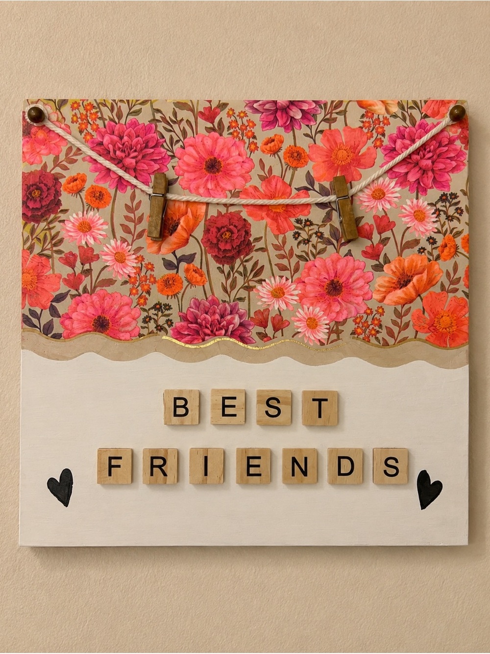Best Friends Floral Wood Wall Sign - Pink & Orange